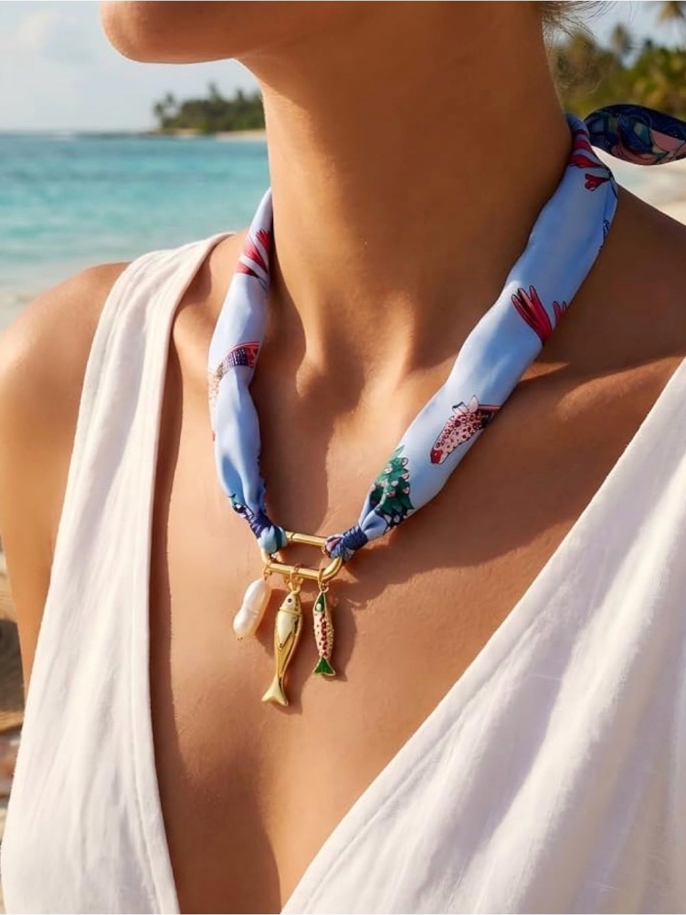 Silk Scarf Necklace with Gold Fish Charms